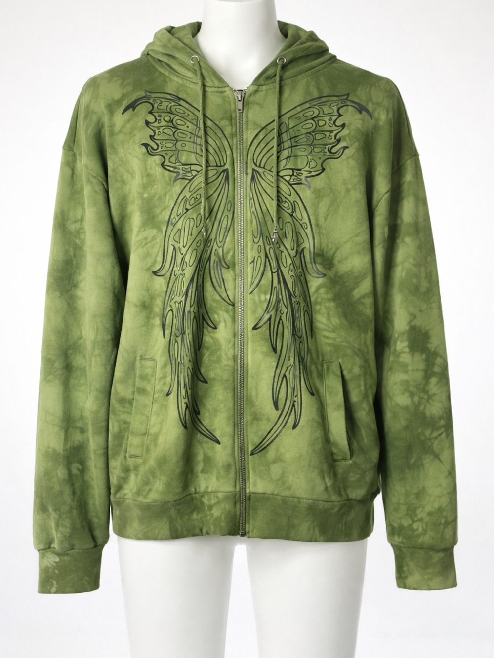 Thorn & Fable Fairy Wings Green tie dye Streetwear Zip Up Cotton Hoodie M